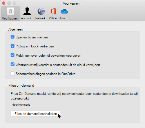 Schermafbeelding van Voorkeuren in Mac voor OneDrive Bestanden op aanvraag