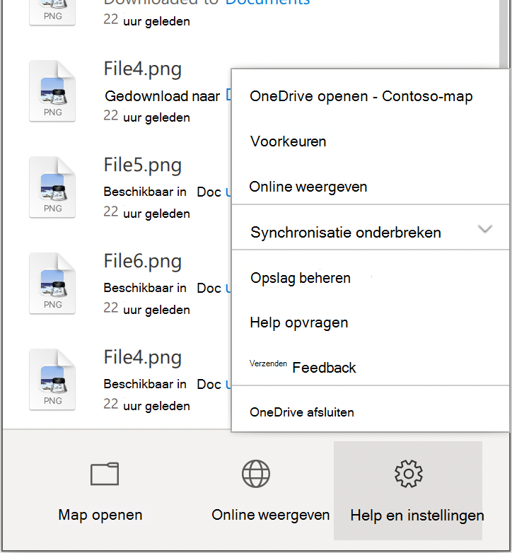 Toont het menu Instellingen & Help van OneDrive, met Voorkeuren bovenaan.