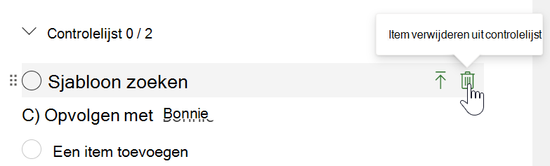 Een lijst met controlelijstitems met één geselecteerd en een cursor die wijst naar een prullenbakpictogram waarmee u een controlelijstitem kunt verwijderen.