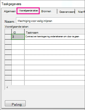 Het vak Taakgegevens met het tabblad Voorafgaande taken.