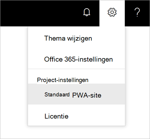 Schermafbeelding van het menu met het tandwielpictogram Instellingen met de aanwijzer die standaard PWA-site kiest