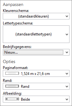 Schermafbeelding van selecties voor aanpassen en voor het kiezen van opties in Publisher.