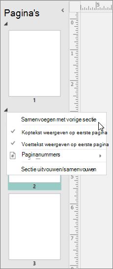 Een schermopname toont een geselecteerde sectie met de cursor die de optie Samenvoegen met vorige sectie aanwijst.