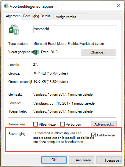 Klik met de rechtermuisknop op het bestand in Windows Verkenner om de macro's te deblokkeren.