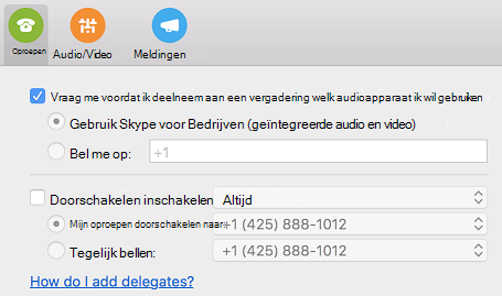 Hoe kan ik gemachtigden toevoegen? Help-koppeling op de pagina Oproepen van het dialoogvenster Voorkeuren