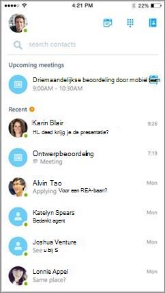 Beginscherm van Skype voor Bedrijven voor iOS