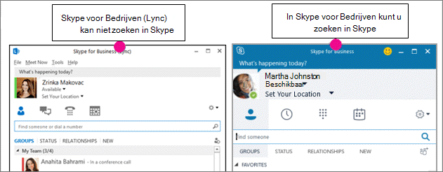 De pagina’s met contactpersonen van Skype voor Bedrijven en Skype voor Bedrijven (Lync) naast elkaar vergeleken