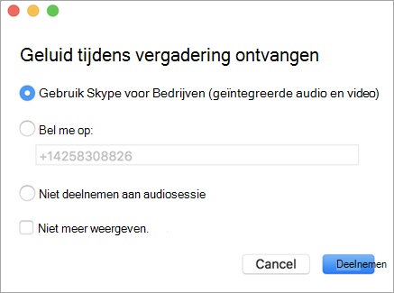 Voorbeeld van dialoogvenster Geluid tijdens vergadering ontvangen