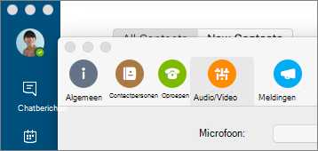 Schermafbeelding van het scherm Voorkeuren van Skype voor Bedrijven, met het deelvenster Audio/video geselecteerd.