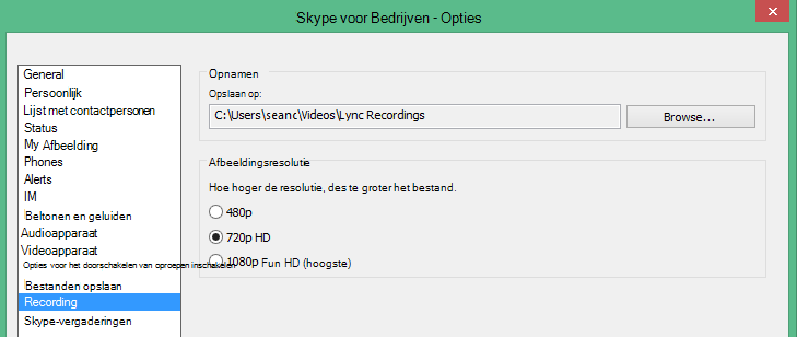 Schermafbeelding van het dialoogvenster Opnameopties