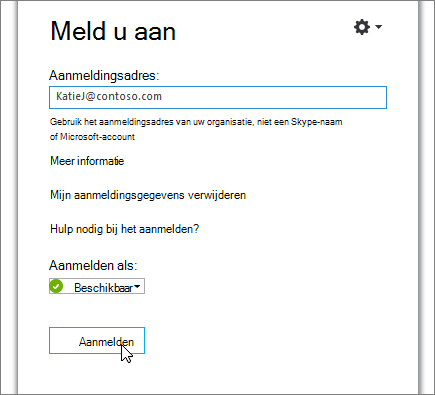 Een schermafbeelding met de knop Aanmelden op het Skype voor Bedrijven-aanmeldingsscherm.