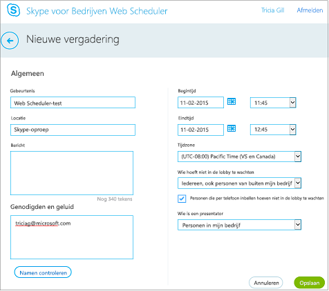 Web Scheduler-scherm waar u vergaderingsgegevens kunt opgeven en genodigden toevoegen