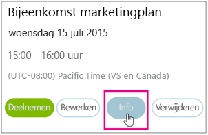 Vergaderingsdetails met gemarkeerde knop Info