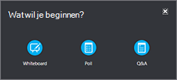 Ga naar Meer in het menu Presenteren om een whiteboard, peiling of Q&een managervenster toe te voegen
