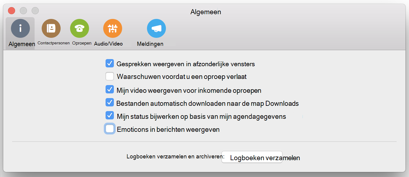 Selectievakje Emoticons in berichten weergeven op de pagina Algemeen van Voorkeuren