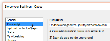 Het venster Opties in Skype voor Bedrijven met het tabblad Persoonlijk geselecteerd.