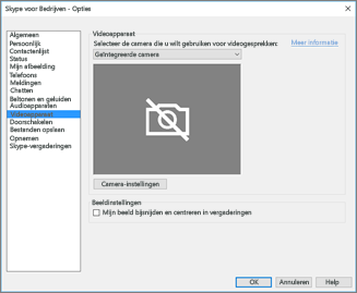 Instellingen voor videoapparaat, selectievakje Mijn video bijsnijden en centreren in vergaderingen