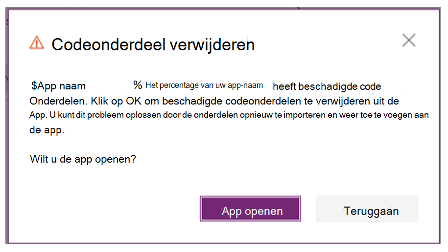 Waarschuwing voor het verwijderen van codeonderdelen