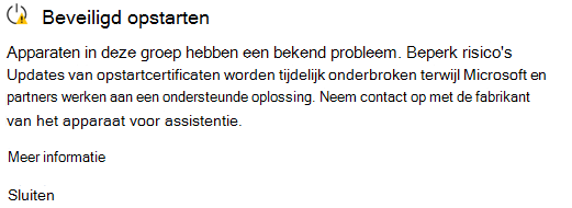 Schermopname van een waarschuwing van Windows-beveiliging dat updates van Secure Boot-certificaten zijn onderbroken