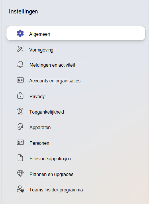 Schermopname van het deelvenster Instellingen met categorieën zoals Algemeen, Privacy en Apparaten.