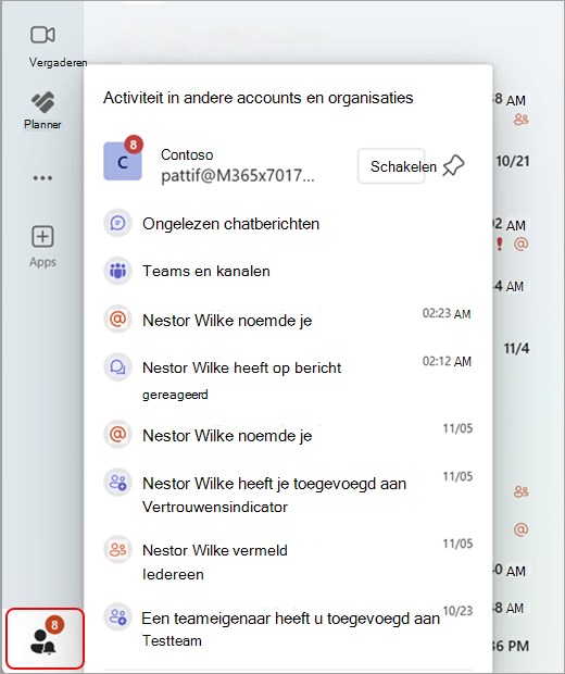 Schermopname van Teams-activiteiten voor meerdere accounts en organisaties.