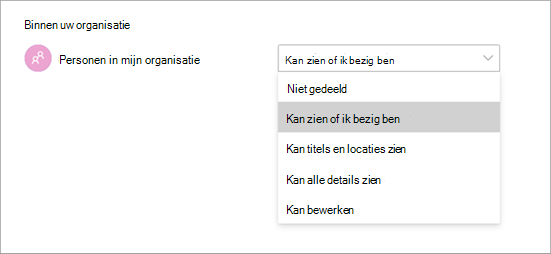Schermopname van verschillende toegangsmachtigingen bij het delen van een agenda in Teams.