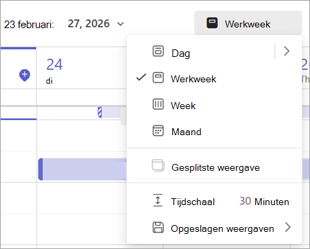 Schermopname van het vervolgkeuzemenu met verschillende agendaweergaven in Teams.