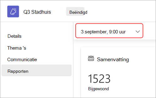 Schermopname waarin de gebruikersinterface wordt gemarkeerd voor het weergeven van informele bijeenkomsten-rapporten voor een andere datum