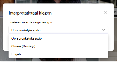 Schermopname van het vervolgkeuzemenu Interpretatietaal kiezen in Microsoft Teams.