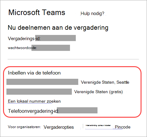 Schermopname van waar u kunt inbellen in een Teams-vergadering.