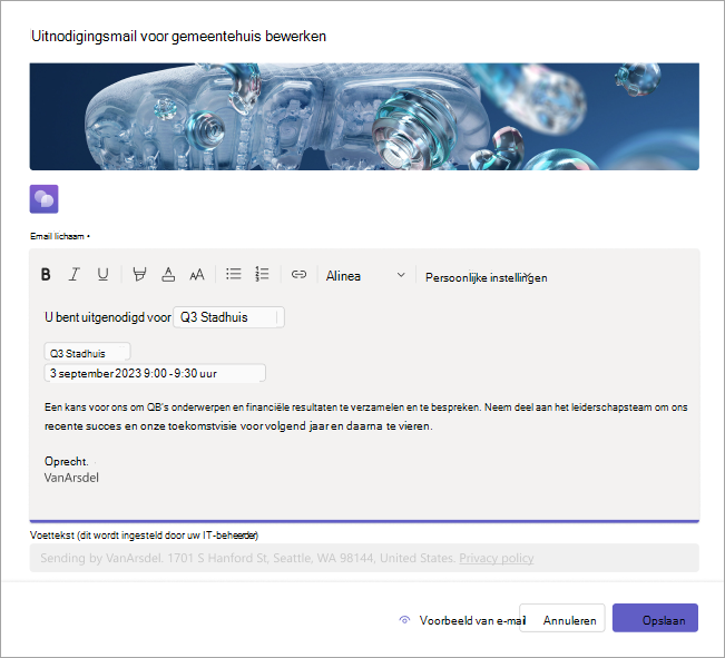 Schermopname van het bewerken van e-mailuitnodigingen voor het stadhuis