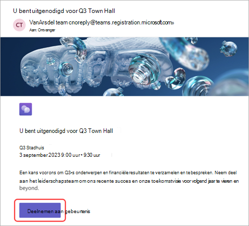 Schermopname van de e-mailuitnodiging die is ontvangen door deelnemers, met Deelnemen aan gebeurtenis gemarkeerd