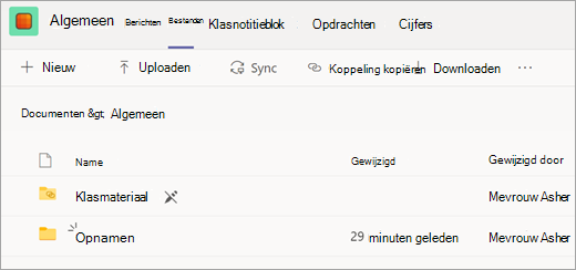 Tabblad Bestanden van een klasteam met de map Opnamen