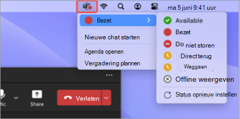 Schermafbeelding van het pictogram van de Teams-app geselecteerd in de Mac-menubalk, met beschikbare snelle acties.