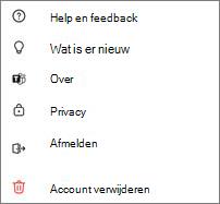 Schermopname van de gratis mobiele instellingen van Teams met help, wat er nieuw is, over, privacy, afmelden en account verwijderen
