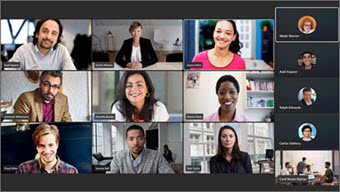 Een galerie met 12 afbeeldingen van deelnemers aan videovergaderingen, inclusief tegels in een vergaderruimte.