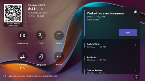 Microsoft Teams-ruimten beginscherm van de Windows-touchscreenconsole.