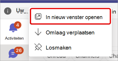 Schermopname die laat zien hoe u een Teams-app in een nieuw venster kunt weergeven.