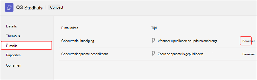 Schermopname van de gebruikersinterface om een voorbeeld van e-mailuitnodigingen voor het stadhuis te bekijken