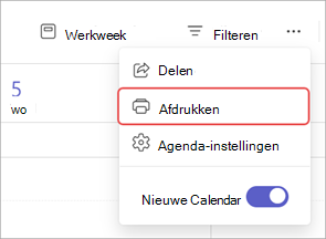 Schermopname van de optie Afdrukken in een Teams-agenda.