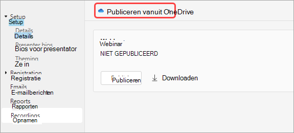 Schermopname van gebruikers hoe ze een webinar-opname van One Drive kunnen publiceren