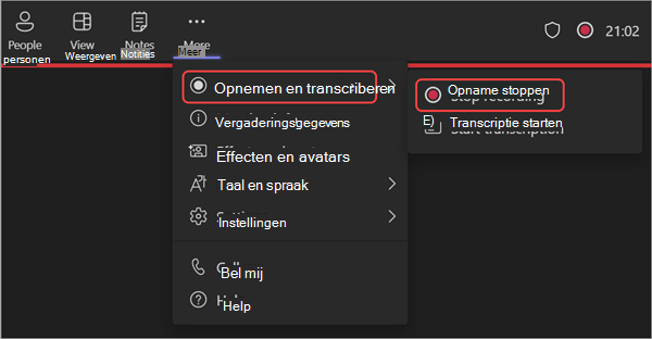 Schermopname die laat zien hoe u de opname stopt tijdens een webinar