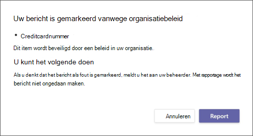 Een dialoogvenster waarin wordt uitgelegd waarom een bericht is gemarkeerd door een beleid voor preventie van gegevensverlies