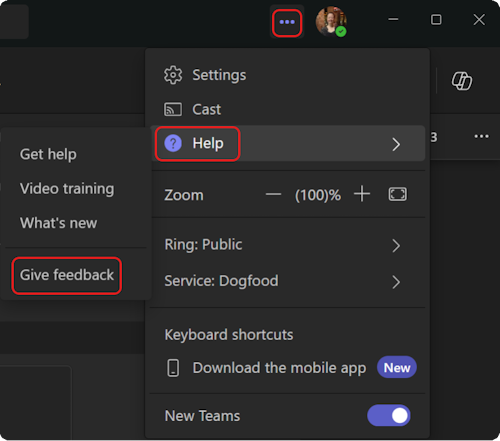 Het helpmenu in Teams openen.