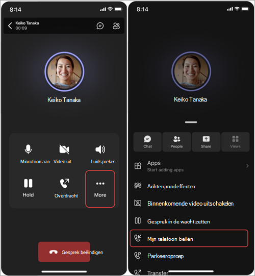 Schermopname met stappen voor het verplaatsen van een gesprek van Teams Phone Mobile naar een mobiele telefoon