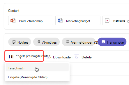Schermopname van het wijzigen van de transcriptietaal in de samenvatting van de vergadering.