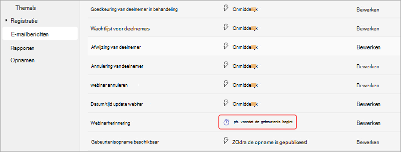 Schermopname van het bewerken van webinarherinneringsmails verzendtijd