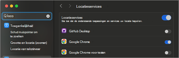 Afbeelding van het venster Beveiliging en privacy met Locatieservices inschakelen omcirkeld.