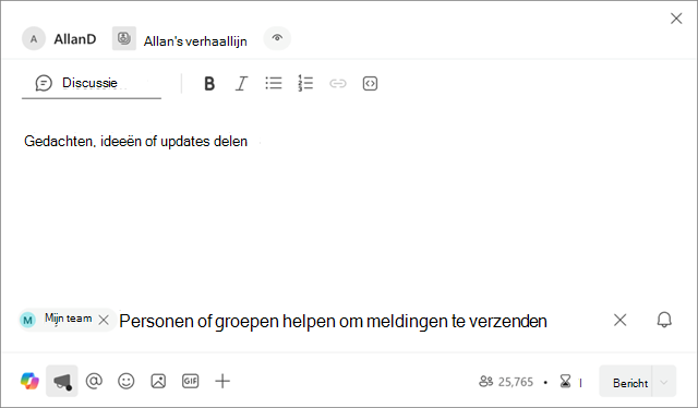 Schermopname die laat zien waar Mijn Teams wordt gepresenteerd in een nieuwe verhaallijnaankondiging