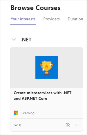 Screenshot of Viva Learning highlighting the Your Interests tab in Browse Courses